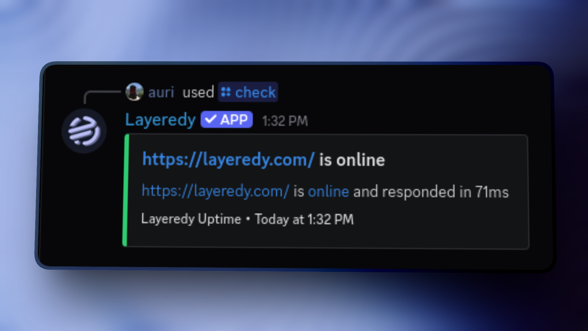 Layeredy bot /check command example showing a service is online and responded in 71ms